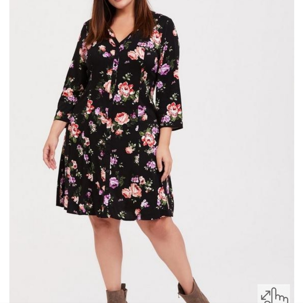 NWT Torrid Black Floral Challis Button Front Trapeze Dress Size 1X